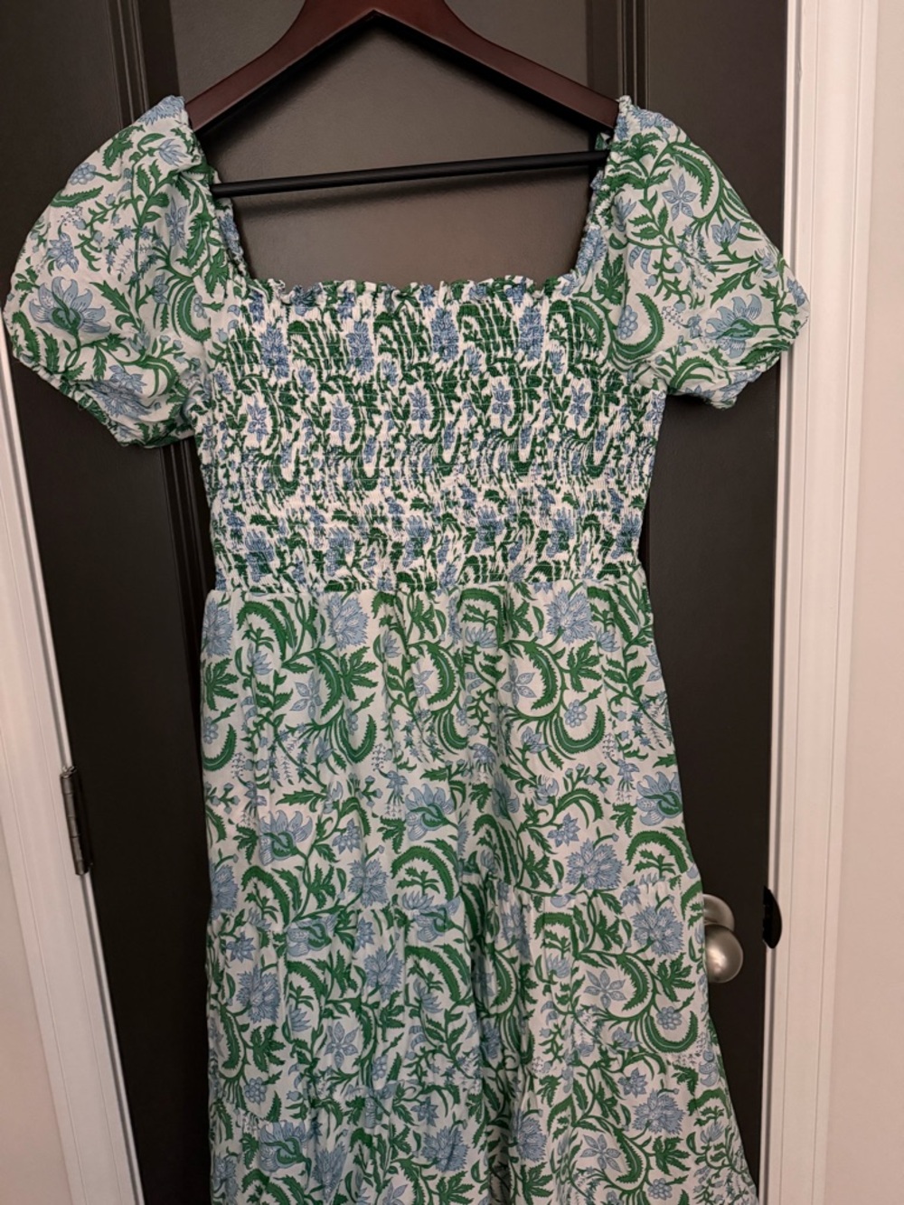 Philosophy White Smocked Top with Green and Blue Floral